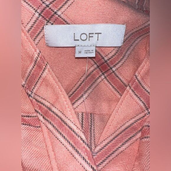 LOFT Peach Tiered Plaid Preppy Shirt Dress with long sleeves Size Medium NWOT - Picture 5 of 7